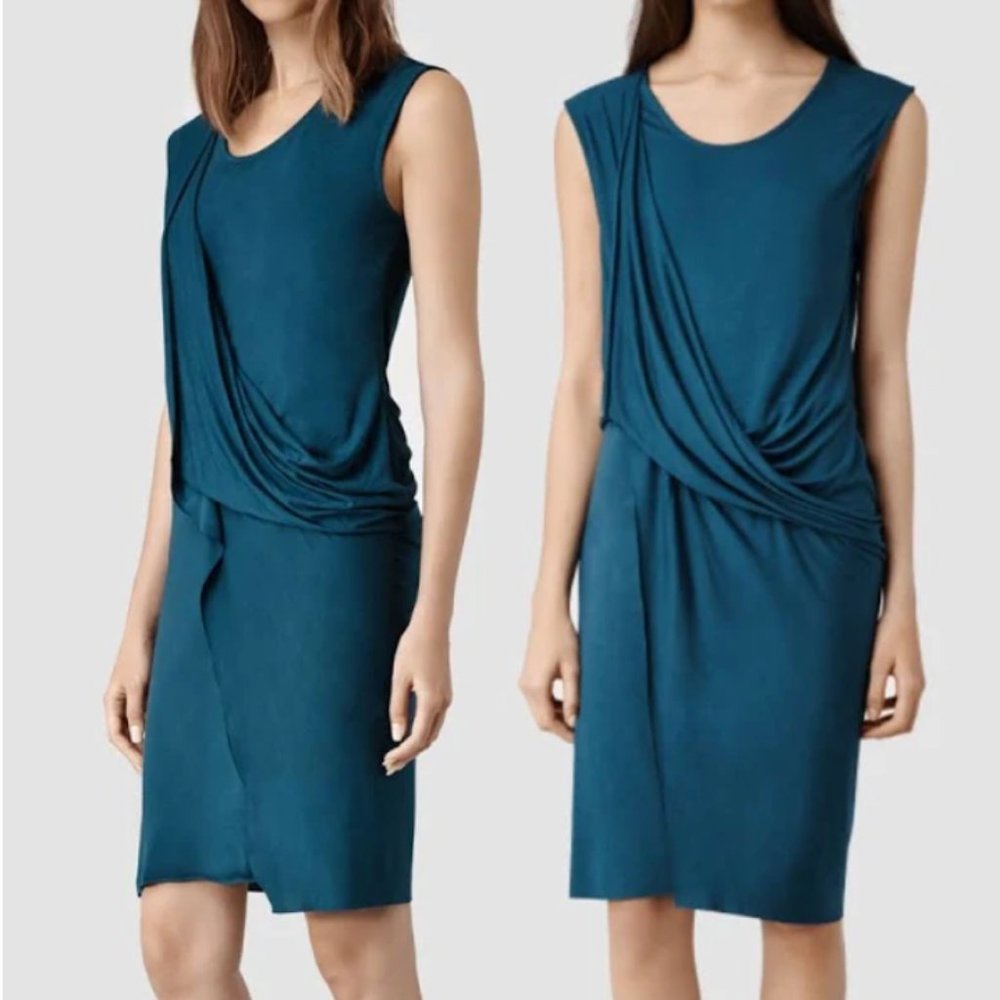 AllSaints Teal Draped Midi Dress
